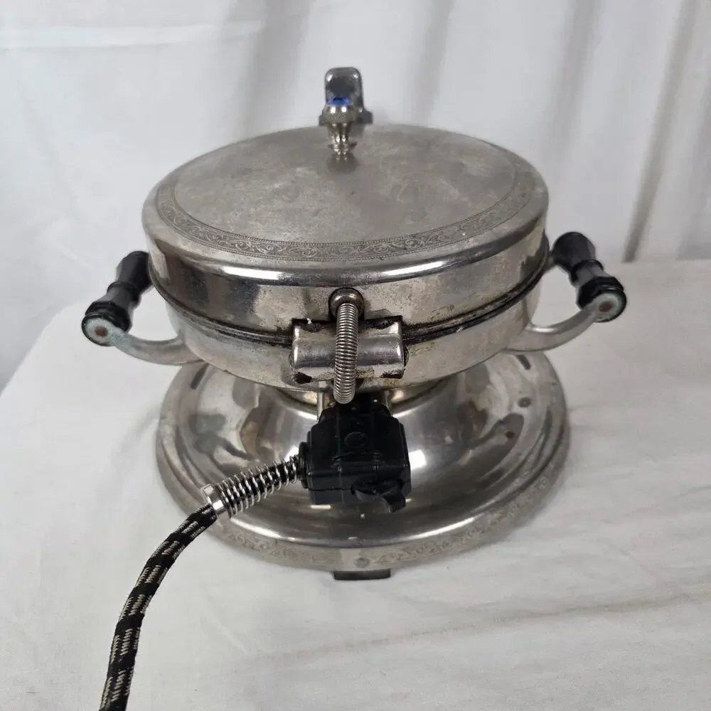 Vintage WORKING Empress Waffle Iron Maker Blue Rhinestone Art Deco Chrome Silver